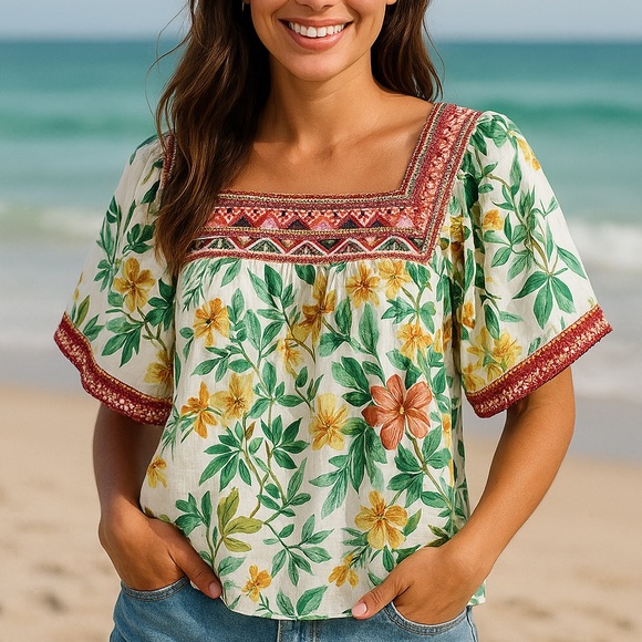 Johnny Was Pula Embroidered Square Neck Top  NWT (oversized) - Picture 1 of 11